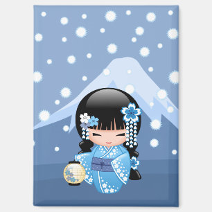 Winter Kokeshi Doll - Blue Mountain Geisha Girl Magneet