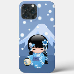 Winter Kokeshi-pop - Blauwe Berg Geisha-meisje iPhone 13 Pro Max Hoesje