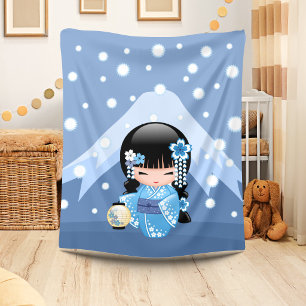 Winter Kokeshi-pop - Blauwe Berg Geisha-meisje Fleece Deken