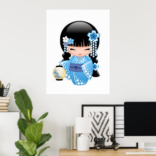 Winter Kokeshi-pop - Blauwe Berg Geisha-meisje Poster