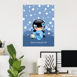 Winter Kokeshi-pop - Blauwe Berg Geisha-meisje Poster