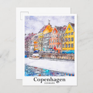Winter Kopenhagen Denemarken Waterverf Hand getrok Briefkaart