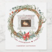 Winter Krans Gezellige Open Haard Vrolijk Kerstfee Wijn Etiket (Enkel label)