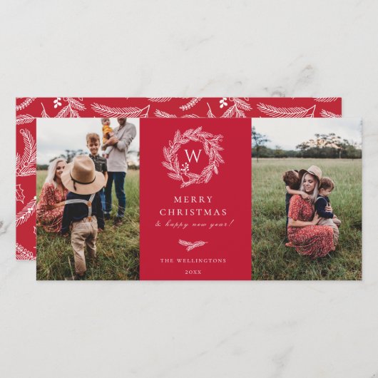 Winter Krans Monogram Vakantie 2 Foto Kaart Rood (Voorkant / Achterkant)
