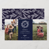 Winter krans Monogram Vakantie 2 fotokaart blauw Feestdagenkaart (Voorkant / Achterkant)