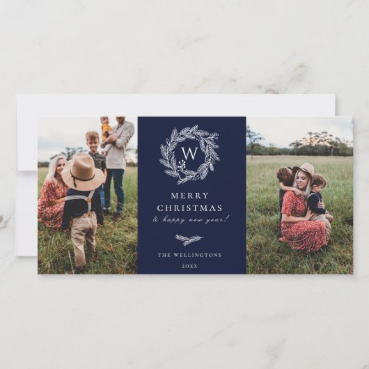 Winter krans Monogram Vakantie 2 fotokaart blauw Feestdagenkaart (Voorkant)