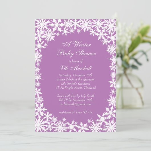 Winter Lace Baby shower Invitation in Lila Kaart (Staand voorkant)