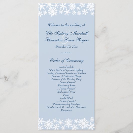Winter Lace op Icy Blue Wedding Programma (Voorkant)