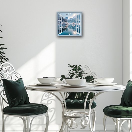 Winter Lake Eagle Fisherman Snowy Mountains Vierkante Klok