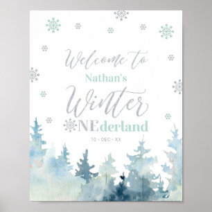 Winter Land Boy 1st Birthday Welcome Sign. Poster
