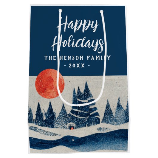 Winter Landscape Forest Moon Navy Blue Drawing  Medium Cadeauzakje (Achterkant)