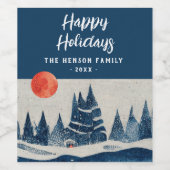 Winter Landscape Forest Moon Navy Blue Drawing  Wijn Etiket (Enkel label)