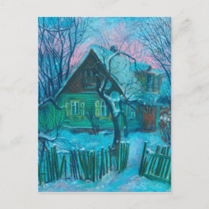 Winter Landscape Old Cottage House Pastel Painting Briefkaart