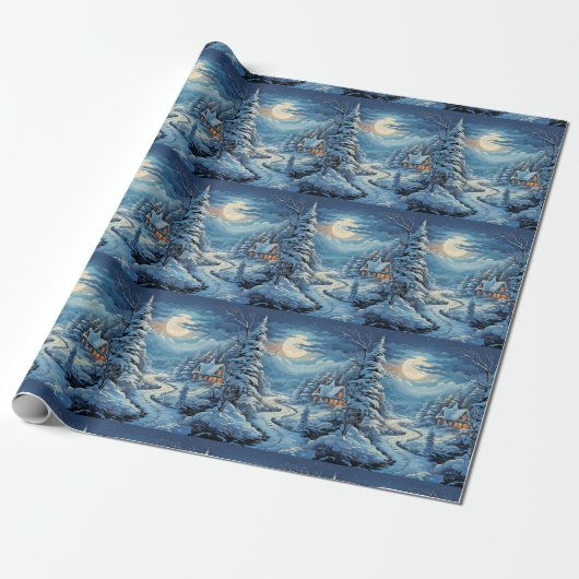 Winter Landschap Log Cabin Pijnbomen Rivier Cadeaupapier (Uitgerold)