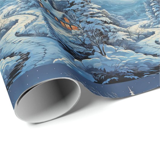 Winter Landschap Log Cabin Pijnbomen Rivier Cadeaupapier (Rol Hoek)