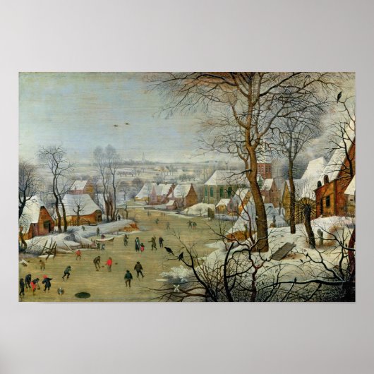 Winter Landschap met Skaters en een vogeltrap Poster (Voorkant)