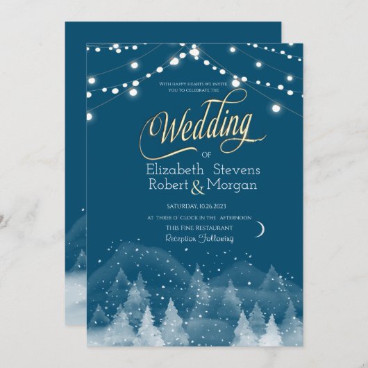 Winter Landschap Sneeuw String Lights Bruiloft Kaart (Voorkant / Achterkant)