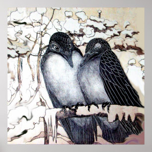 WINTER LIEFDESVOGELS IN SNEEUW Zwart Wit Poster