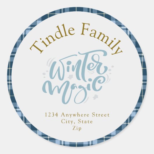 "Winter Magic" Blue Gingham Plaid Adres Ronde Sticker (Voorkant)