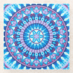 Winter Mandala Blauwe Sneeuwvlok Patroon Geometris Glazen Onderzetter