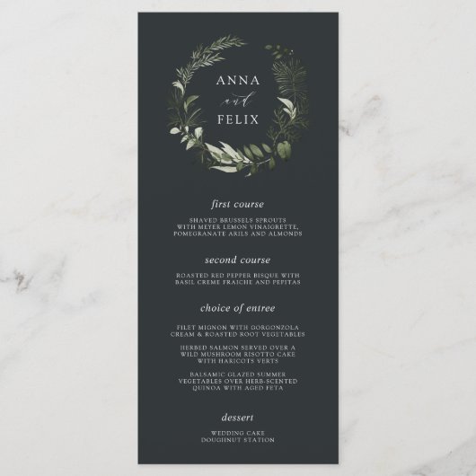 Winter Meadow | Groen botanisch huwelijk Menu (Voorkant)