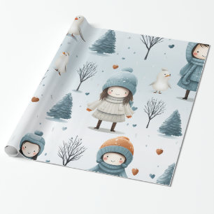 Winter Meisje Bomen en Vogels Cadeaupapier