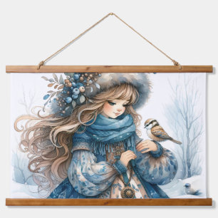 Winter Meisje met Vogel in Blauwe Bloemen Jas Hangend Wandkleed