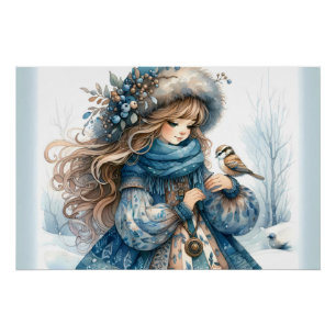 Winter Meisje met Vogel in Blauwe Bloemen Jas Perfect Poster