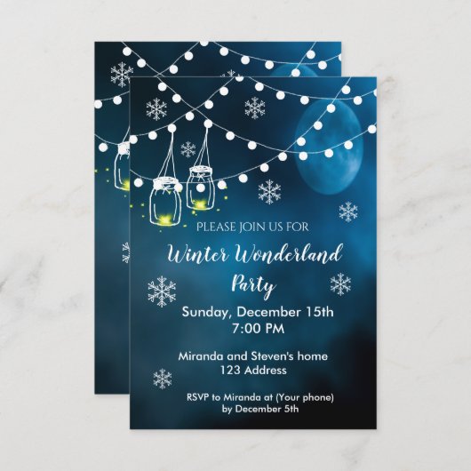 Winter merveilleuse fête invitation nuit bleu lune (Devant / Derrière)