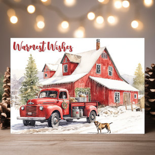 Winter met Rustieke Schuur en Rode Truck Feestdagen Kaart