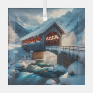 Winter, met sneeuw bedekte brug en rivier glas ornament