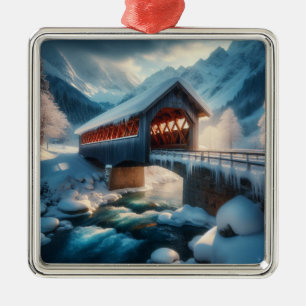 Winter, met sneeuw bedekte brug en rivier metalen ornament