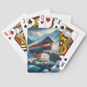 Winter, met sneeuw bedekte brug en rivier pokerkaarten