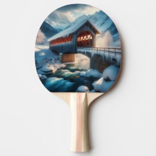 Winter, met sneeuw bedekte brug en rivier tafeltennisbatje