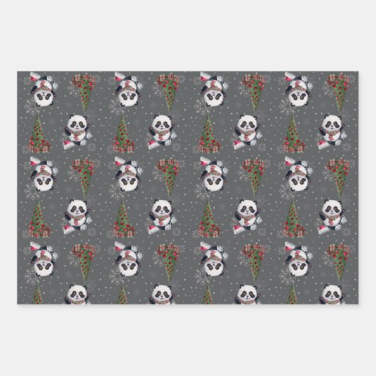 Winter Modern Fun Panda Rood Roze Kerst Inpakpapier Vel (Voorkant)