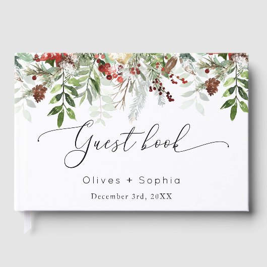 Winter moderne evergreen kerst bruiloft gastenboek (Voorkant)
