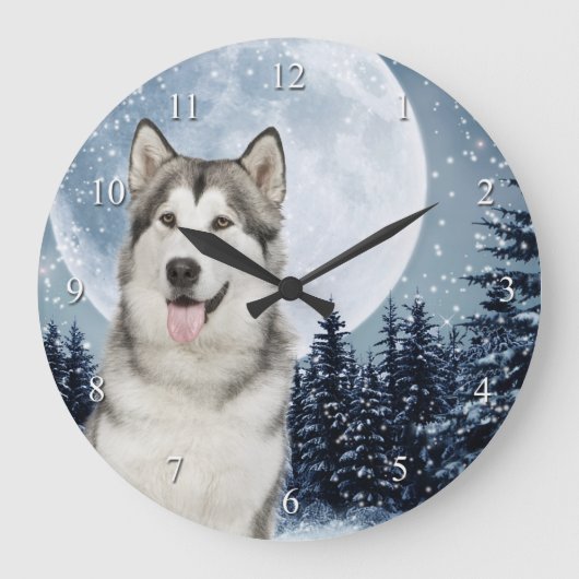Winter Moon Husky Clock Grote Klok (Voorkant)