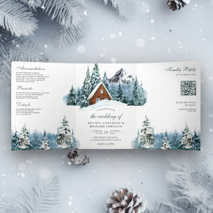 Winter Mountain Forest Cabin Lodge QR Code Trouwen Drieluik Uitnodiging