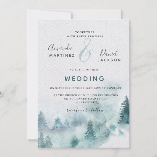Winter Mountain Forest Rustic Wedding Invitation Kaart (Voorkant)