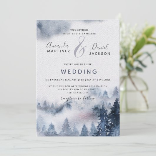 Winter Mountain Rustique violet Faire-part de mari (Debout devant)