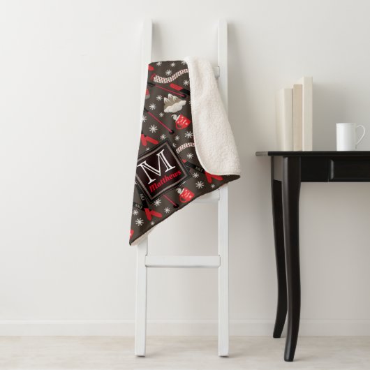 WInter Mountain Ski Trip Theme Pattern Monogram Sh Sherpa Deken (In situ)