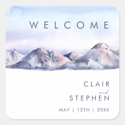 Winter Mountain Sunset Bruiloft Welkom Vierkante Sticker (Voorkant)