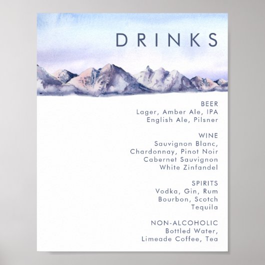 Winter Mountain Sunset Wedding Drink Menu Poster (Voorkant)
