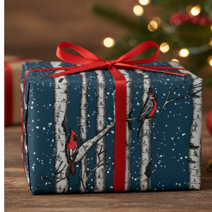 Winter Navy Blauwe Kardinaalvogels Sneeuw Berk Bom Cadeaupapier