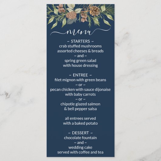 Winter Navy Blue Elegant Script Mariage Menu (Devant)