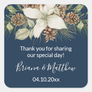 Winter Navy Blue Elegante Script Trouw Favor Vierkante Sticker