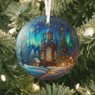 Winter Night Church gebrandschilderd Ornament