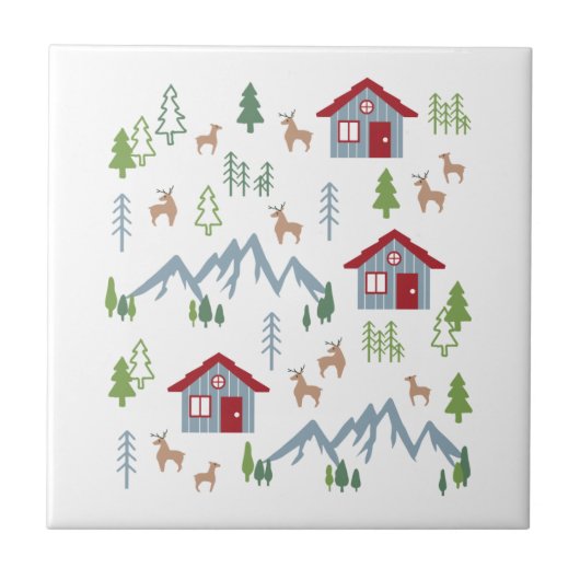 Winter Night Deer Forest Cabin Pattern II Tegeltje (Voorkant)