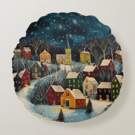 Winter Night Folk Art Oil Painting Poster Rond Kussen