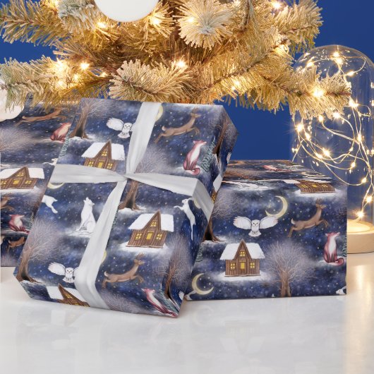Winter Night Forest Animals Natuur Kerst Cadeaupapier (Feestdagen)